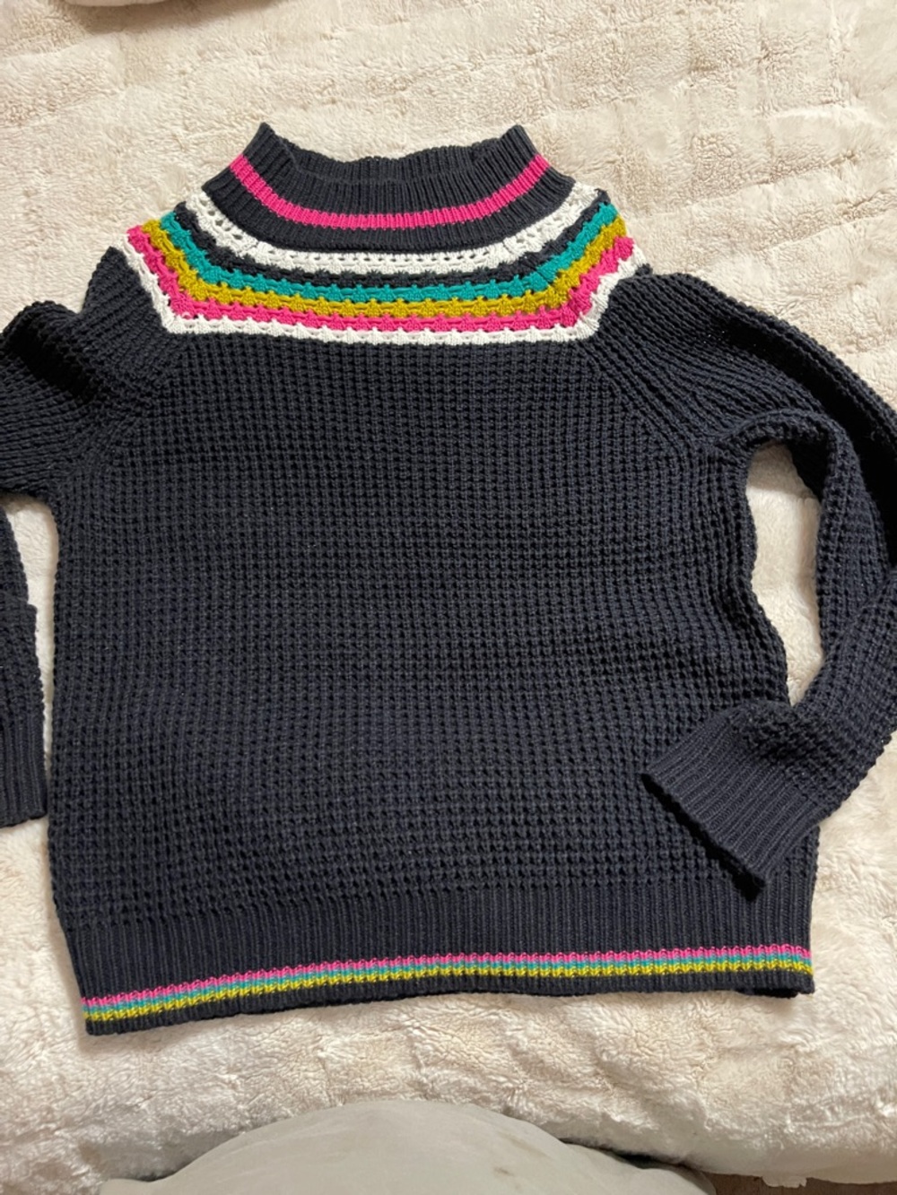 Navy Cowl Neck Sweater with Multicolor Stripes